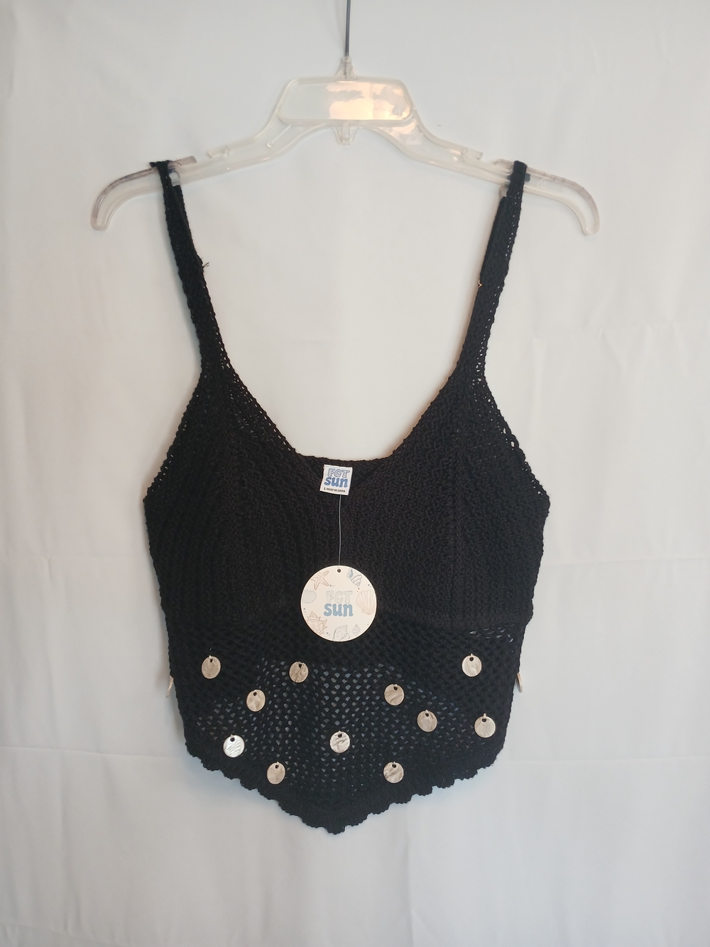 New! Black Crochet V Hem Beaded Front Camisole Tank Top L
